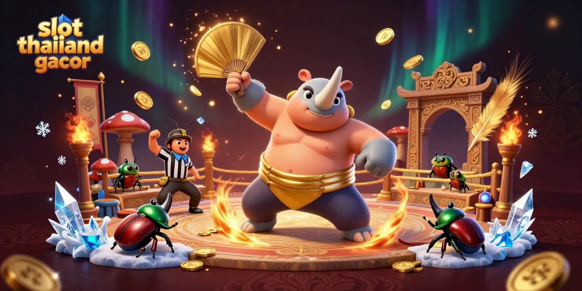 Engaging scene of slot thailand gacor featuring a sumo champion and beetle spectators in a vibrant casino arena.
