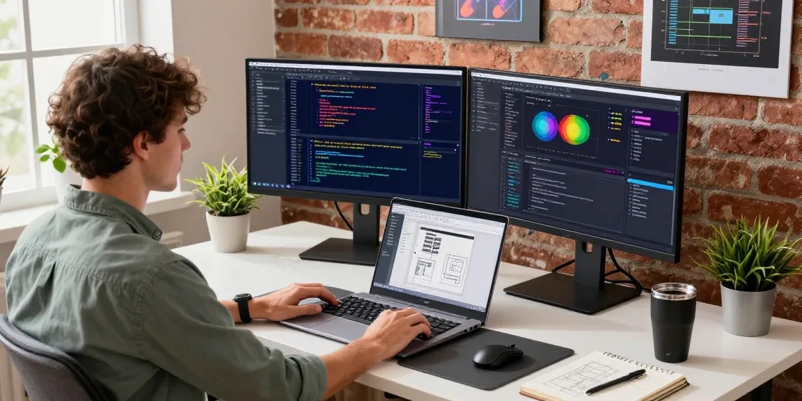 Developer in a modern workspace using telegram中文 interface on screens with vibrant code and tech tools.