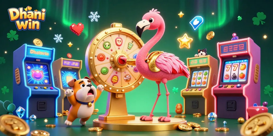 Dhani win showcases a vibrant casino scene with a game show host, a bulldog contestant, and a scoreboard cat assistant spinning a prize wheel.