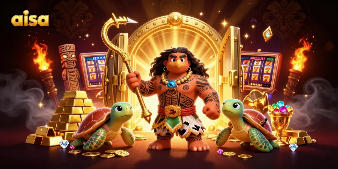 Spin the reels with AISA in a vibrant casino scene featuring golden treasures and dynamic characters.