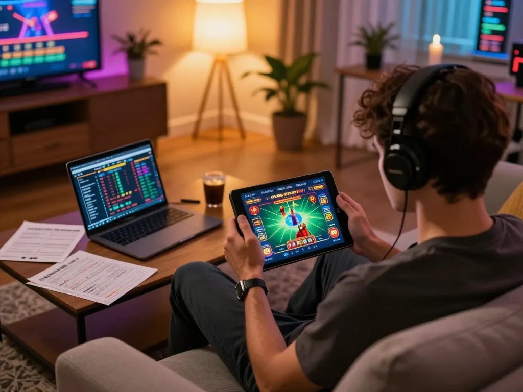 Engaged player enjoying an online casino game on tablet, highlighting u888 gaming strategies at home.