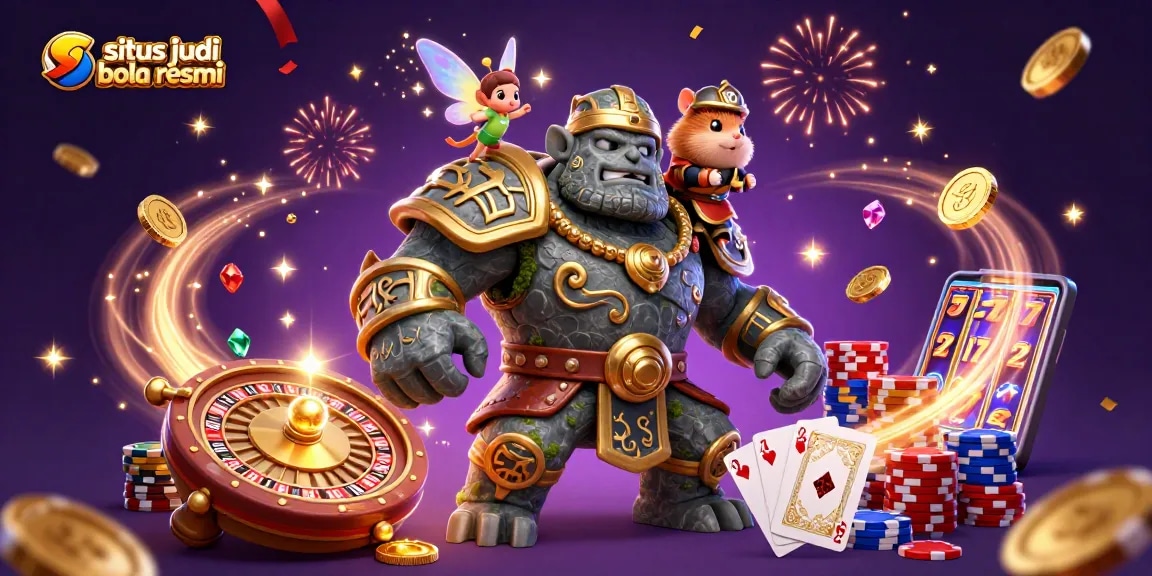 Situs judi bola resmi showcasing vibrant online betting excitement with golden coins, cards, and magical characters.