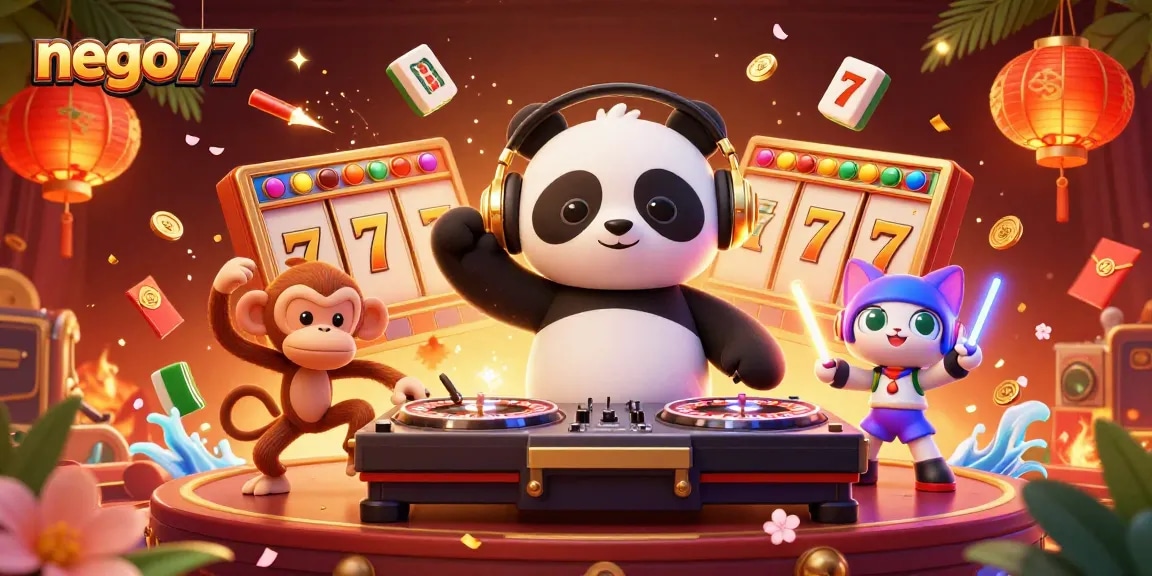 Spin to win with nego77 in an energetic scene featuring a DJ panda, breakdancing monkey, and rave kitten.