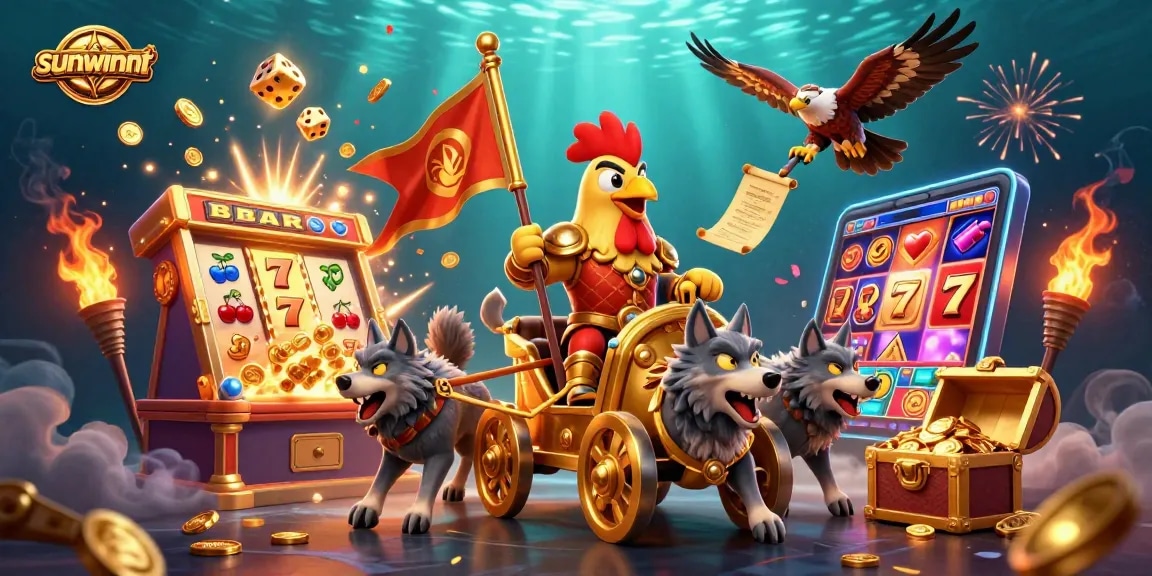 Experience the excitement of sunwinnt casino with an immersive 3D illustration featuring a rooster warlord in action.