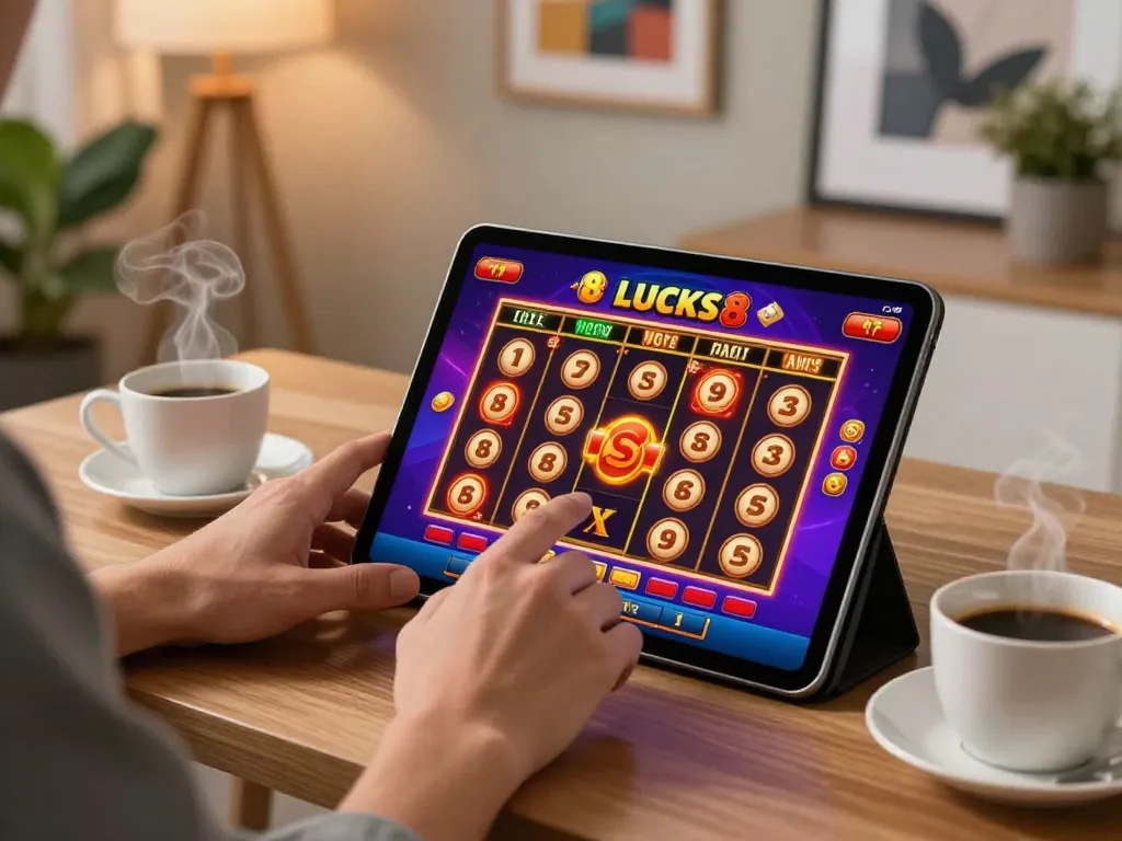 Play exciting slots at lucks8 on a stylish tablet in a cozy home setting.