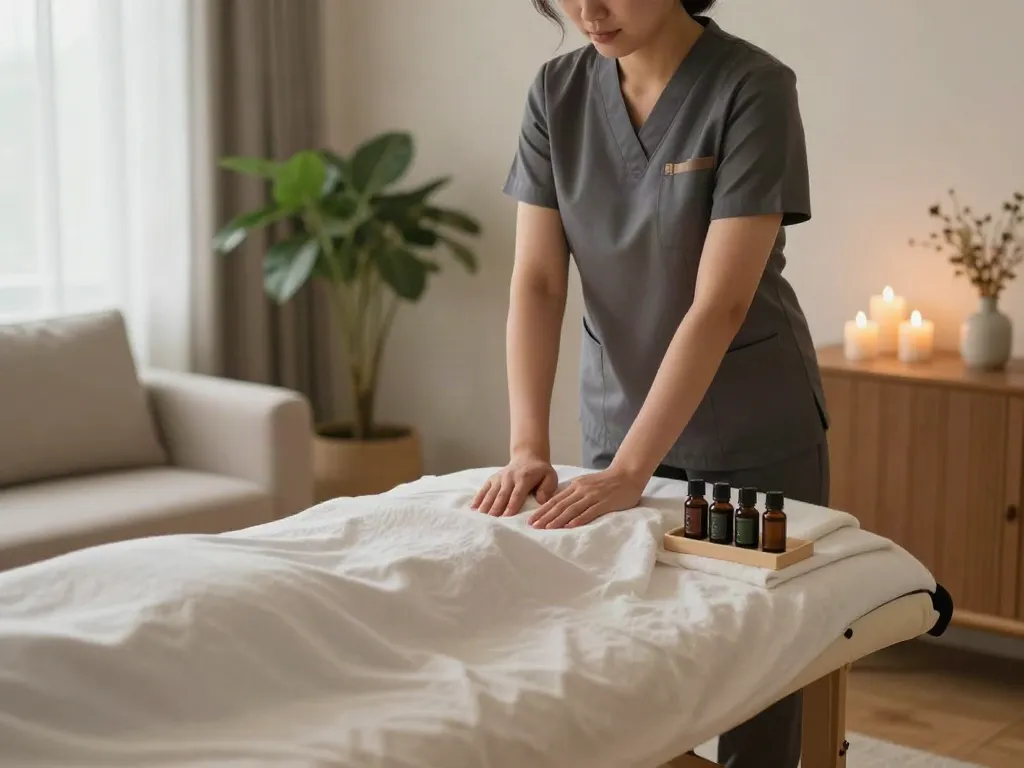 Relaxing setting for 부평출장마사지 with a therapist preparing massage essentials in a cozy living room.