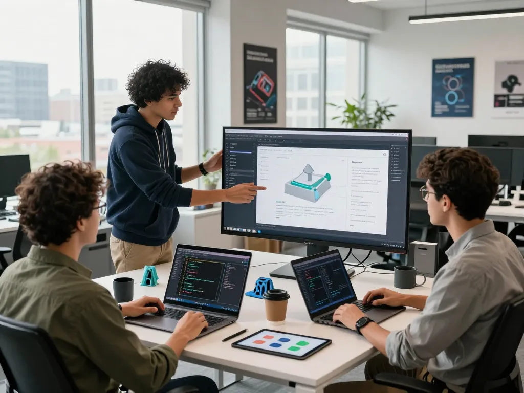 Collaborative team working on 3D product configurator software in a modern tech workspace.