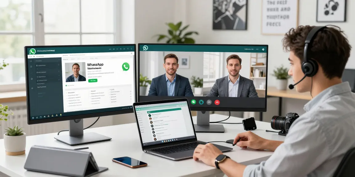 Dynamic workspace with WhatsApp網頁版 displayed on screens during a professional video call.