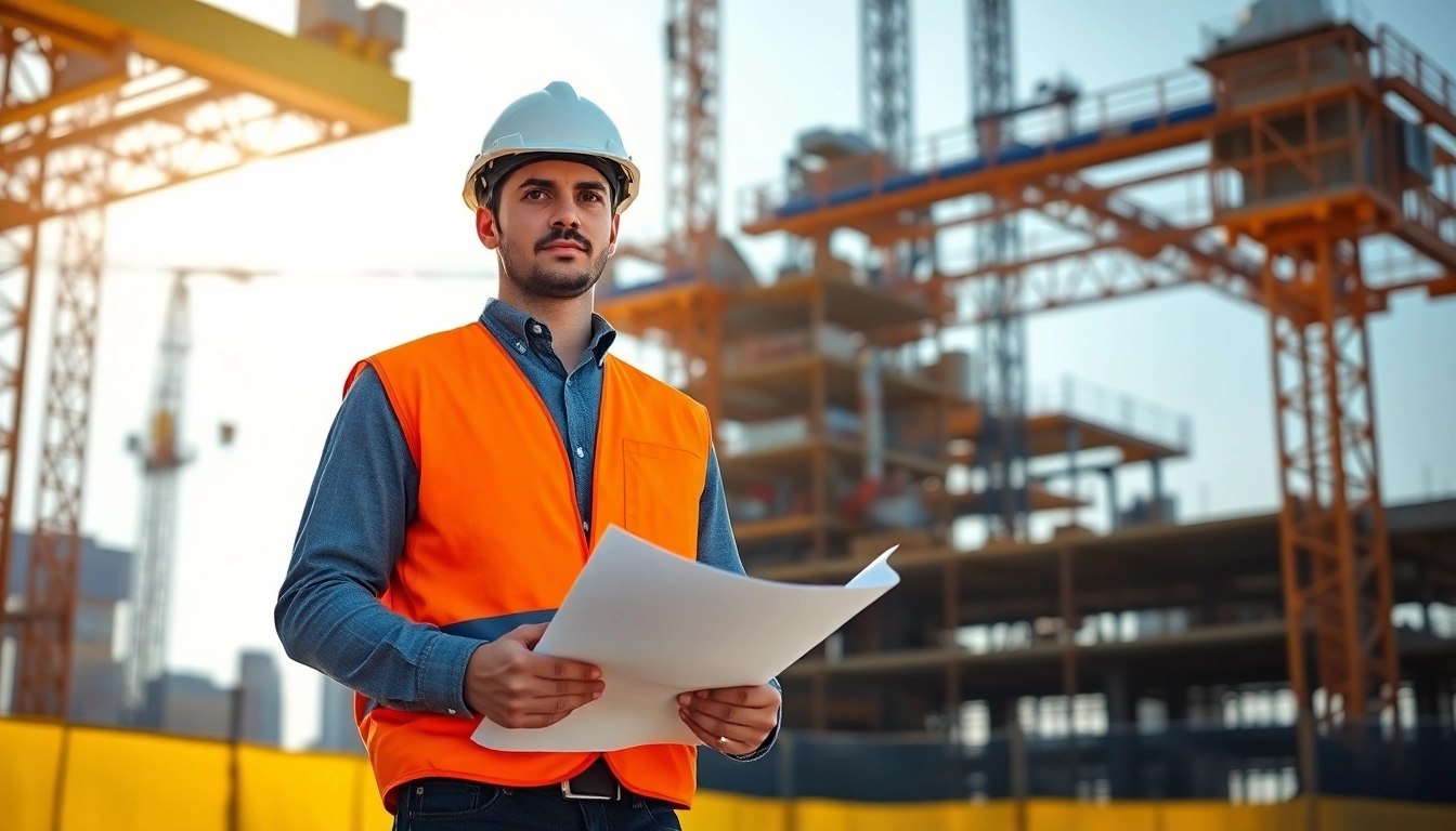 New York Construction Manager leading a project with blueprints on a busy construction site.