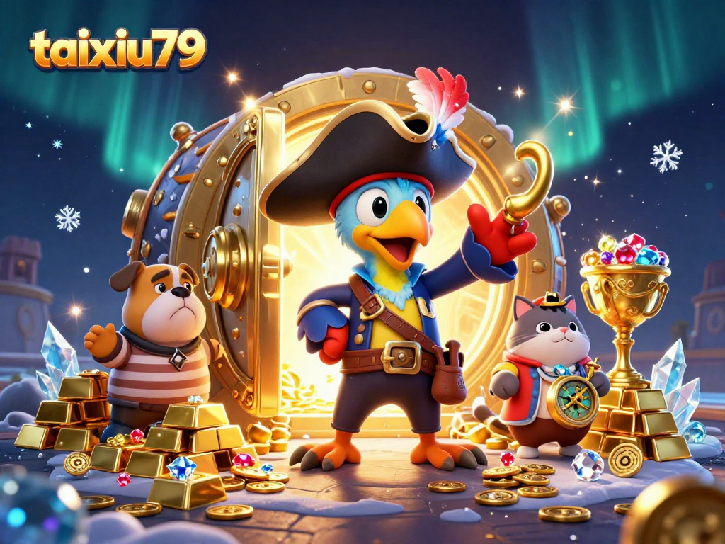 Engage in thrilling Tài Xỉu gameplay with taixiu79's vibrant 3D digital illustration featuring a pirate captain and treasures.