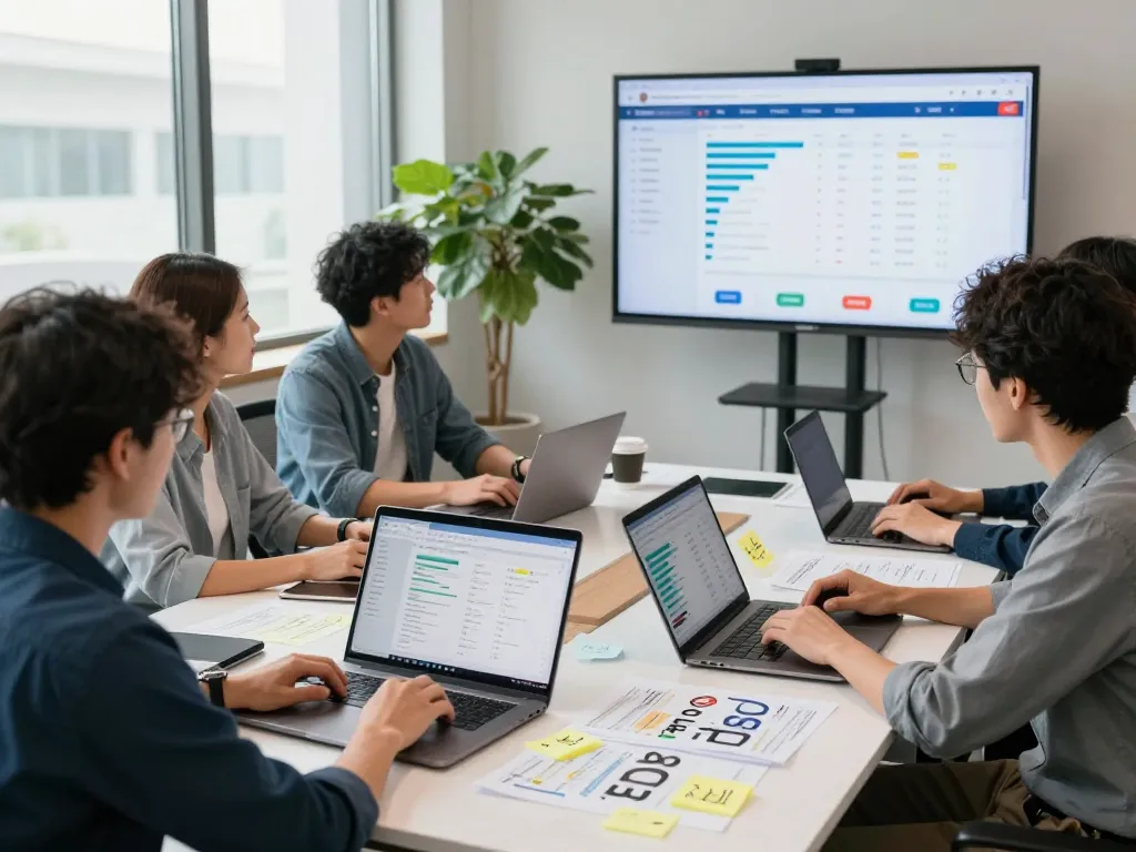 Team of SEO experts at a NYC SEO Company discussing strategies and analytics in a bright office.
