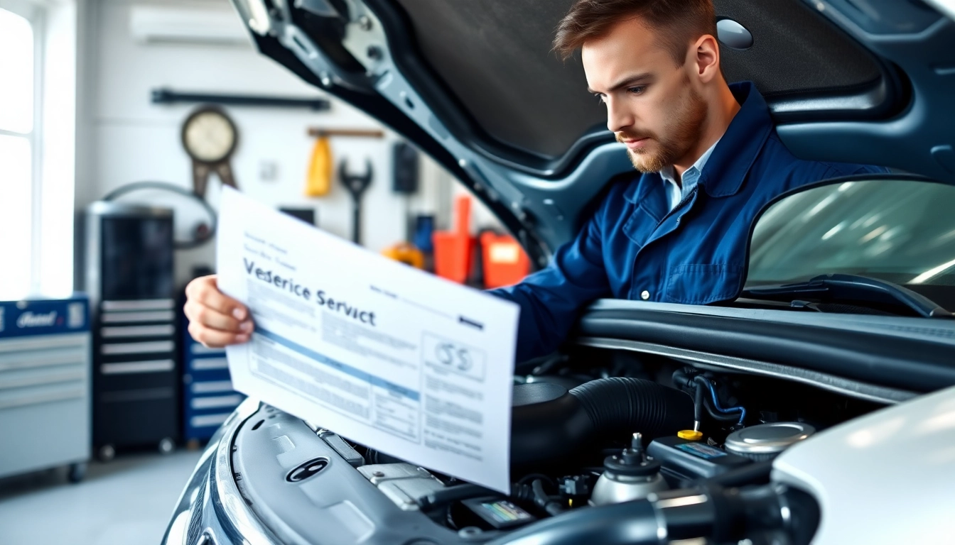 Inspecting extended auto warranty details with a professional technician in a garage environment.