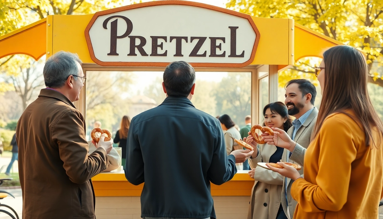 Pretzel warranty customer reviews and ratings showcased through diverse customer interactions at a vintage pretzel stand.
