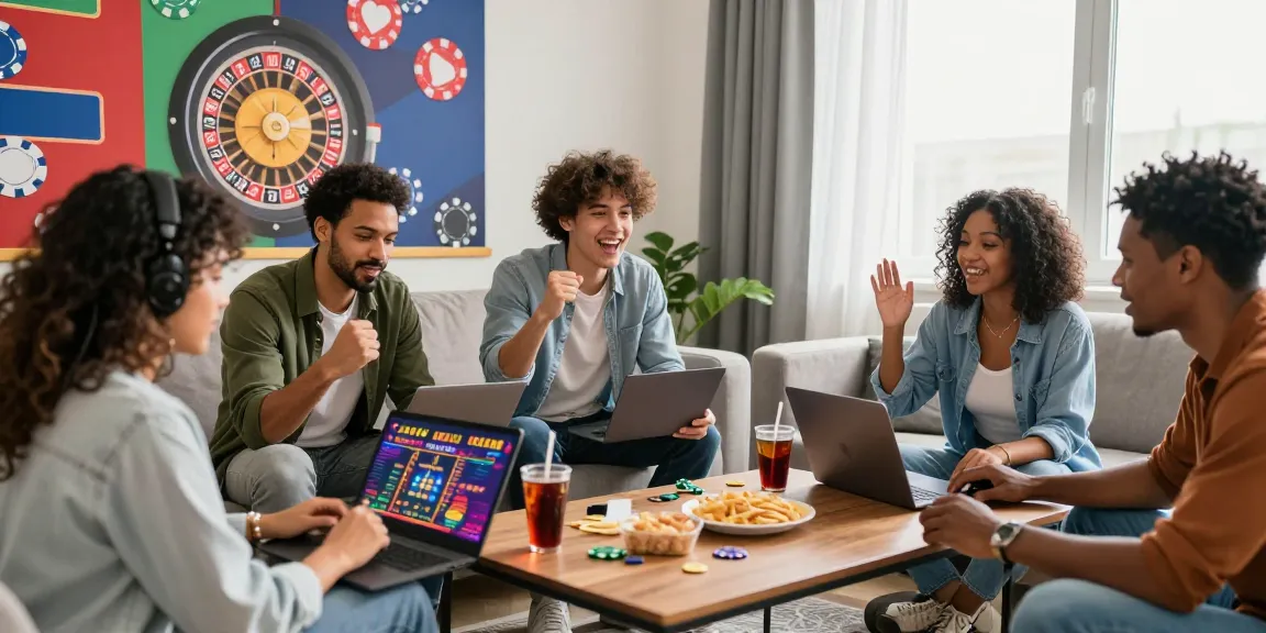 Un groupe d'amis profitant d'une session de jeu dans un casino en ligne France légal dans un salon animé.