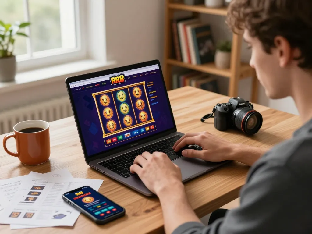 Player engaging with RR 88 online casino while reviewing strategy notes in a cozy gaming setup.