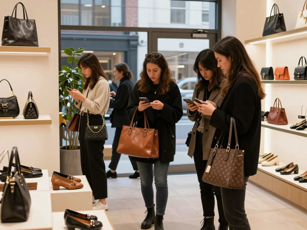Shopping at a luxury 레플리카 사이트 showcasing designer items in an urban boutique