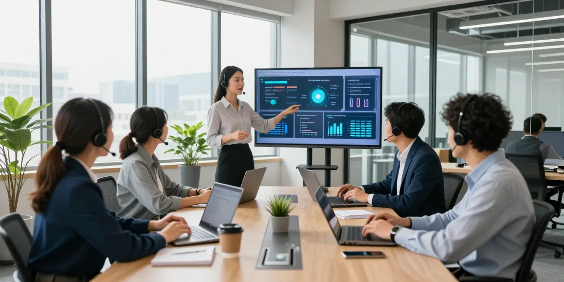 IT support for small business team collaborating in a modern office, discussing IT solutions.