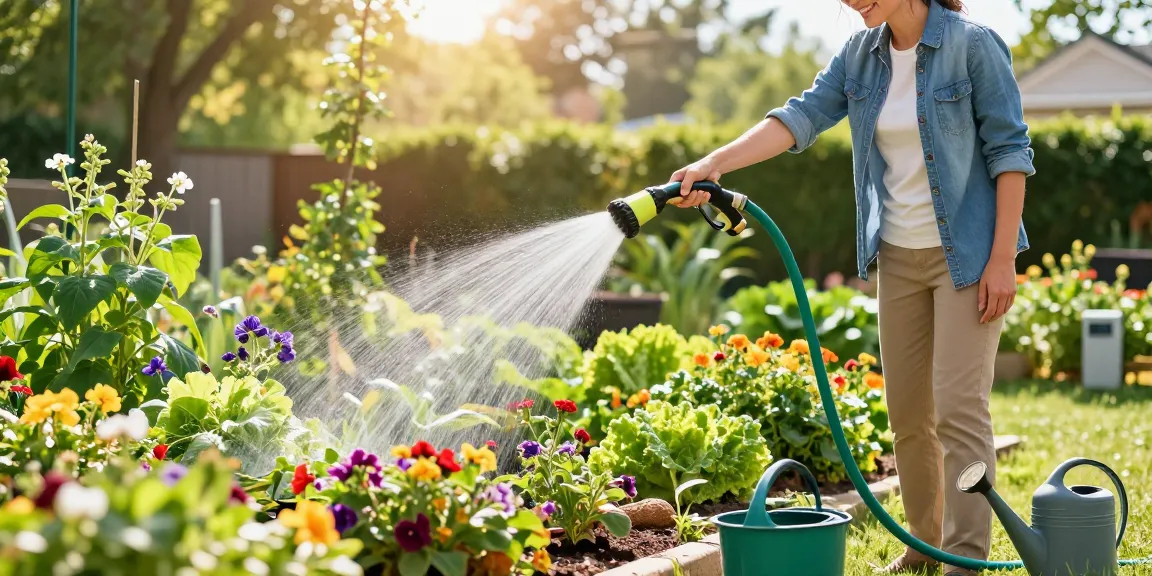 Homeowner using the best hose nozzle on a vibrant garden, showcasing efficient watering.