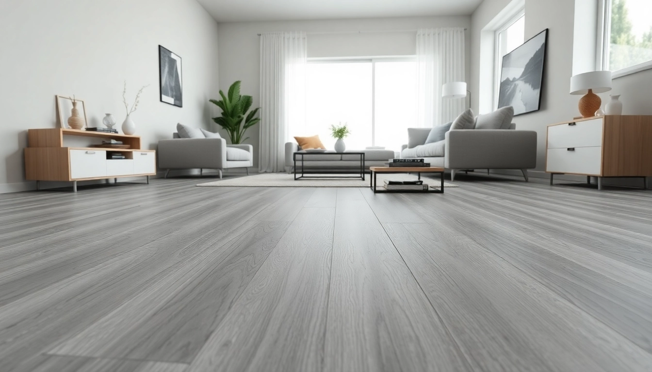 Showcasing grey vinyl flooring in a chic living room, highlighting its sleek and modern design.