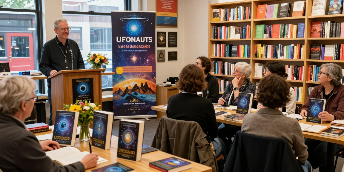 T Allen Greenfield engaging audience at book launch for UFOnauts at https://tallengreenfield.com, showcasing spirituality and UFO themes.