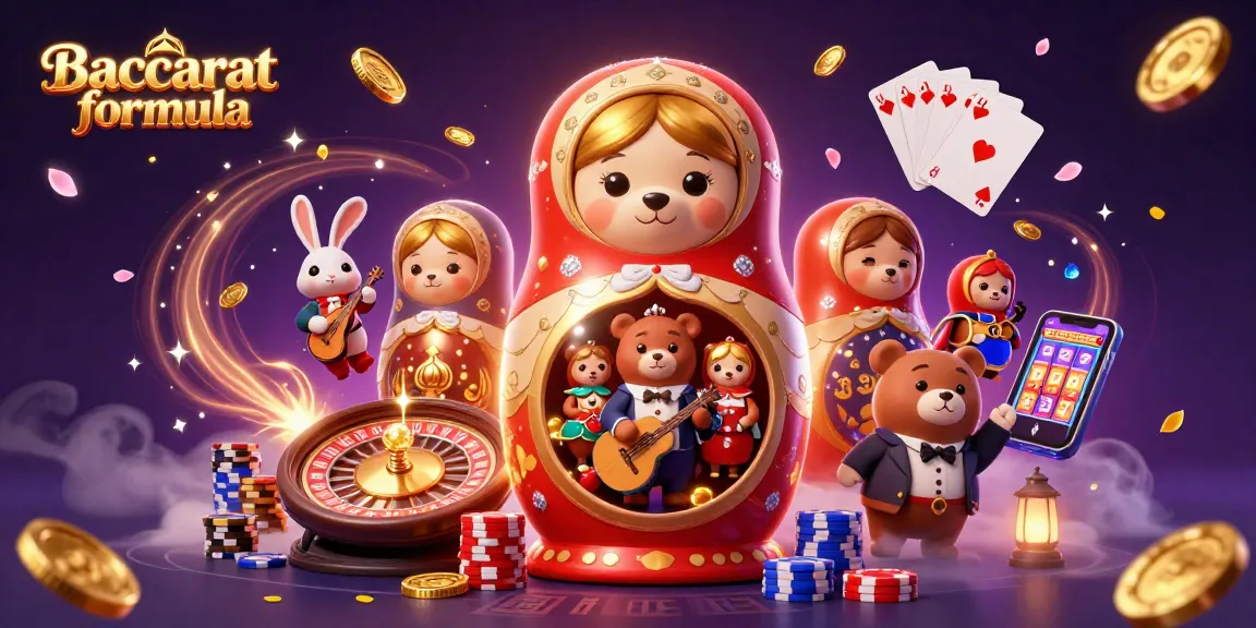 Baccarat formula dynamic scene with Matryoshka bear, casino elements, and magical atmosphere.