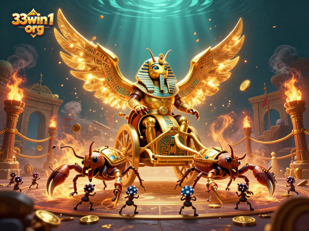 Experience thrilling gaming at 33win1 org with a golden scarab beetle riding a chariot.