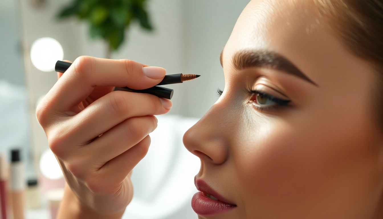 Brow pen application by a makeup artist highlighting elegant eyebrows on a model.