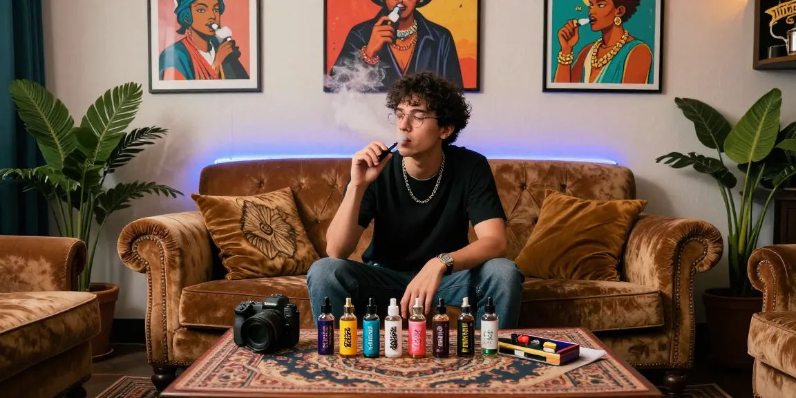 Stylish individual enjoying rokok 88 vape in a retro lounge with colorful art