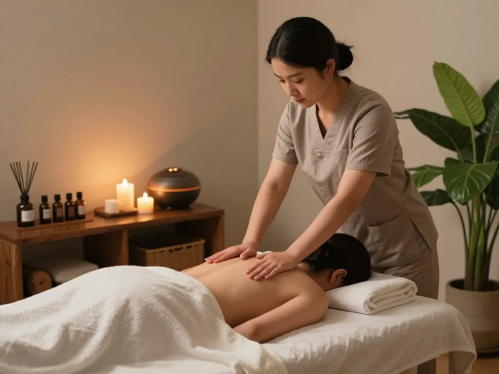Relaxing 부전동마사지 therapy session with candles and calming ambiance.