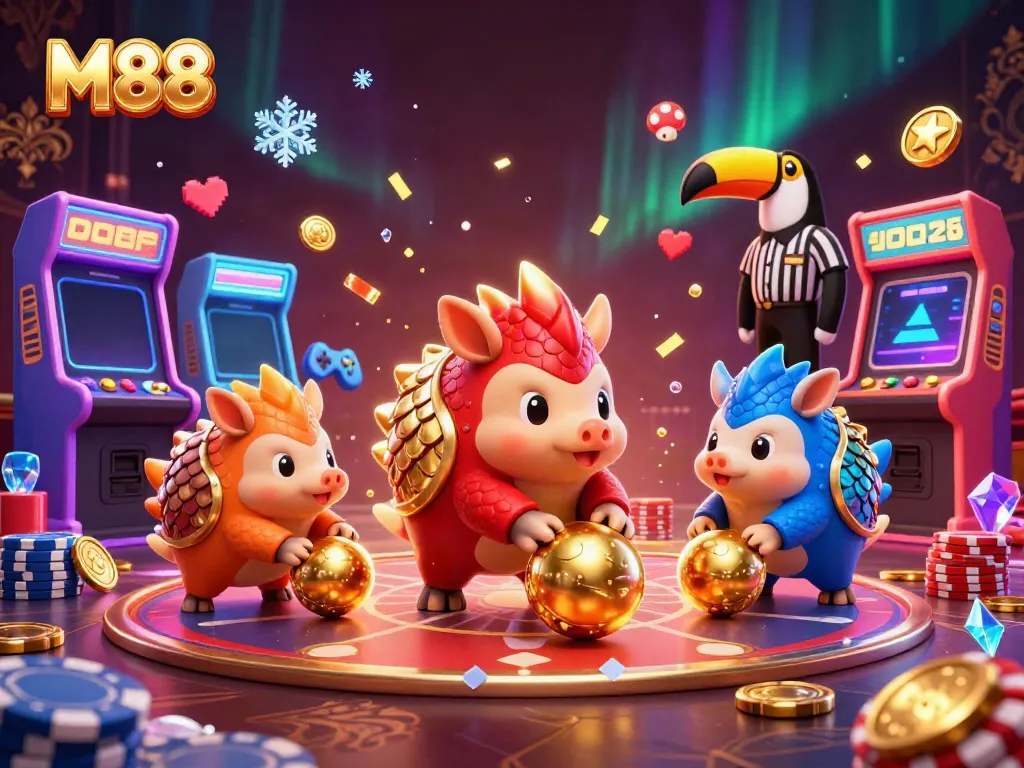 Rival pangolins in armor bowling through poker chips at M88-themed casino game.