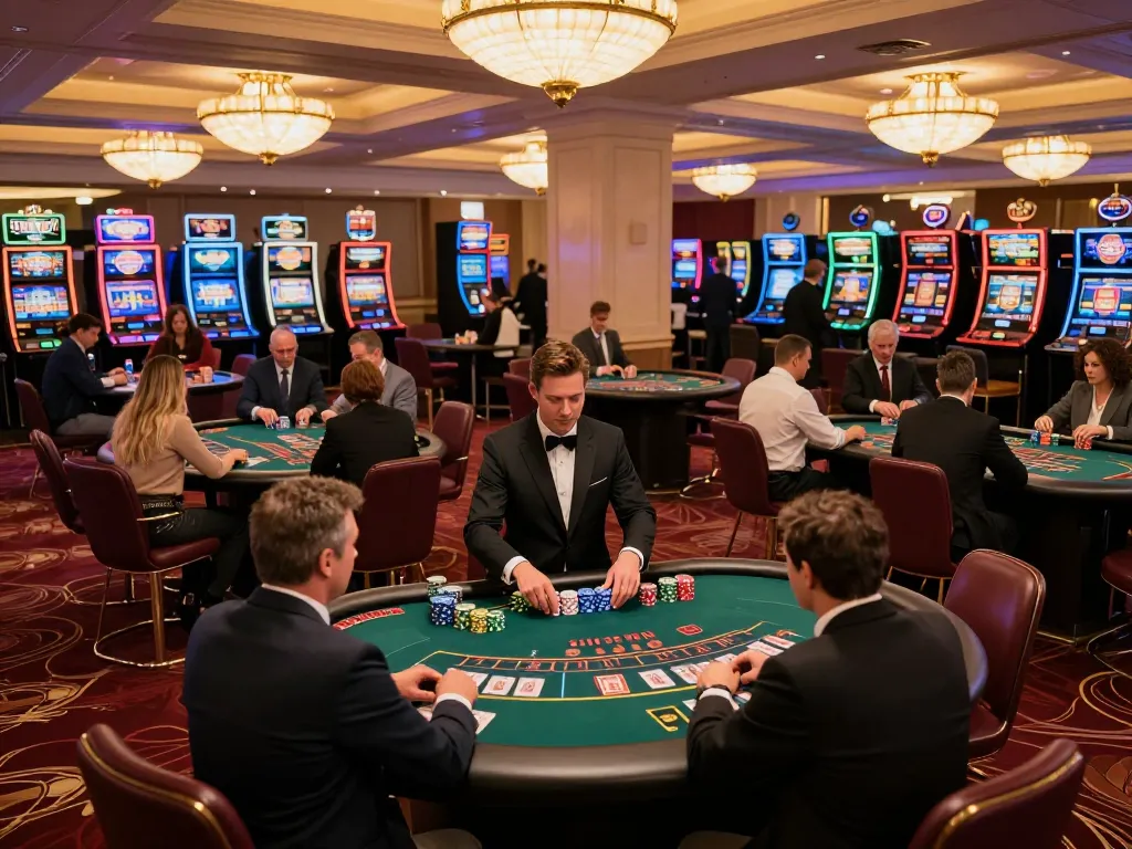 Engaged players at a blackjack table enjoying ดูหนังออนไลน์ in a luxurious casino atmosphere.
