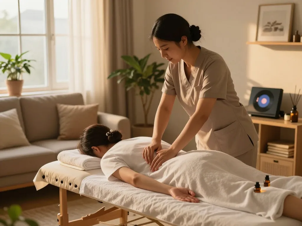 안마 오일과 수건을 준비하는 치료사와 함께하는 편안한 출장안마 가정 환경, 편안한 분위기를 조성합니다.