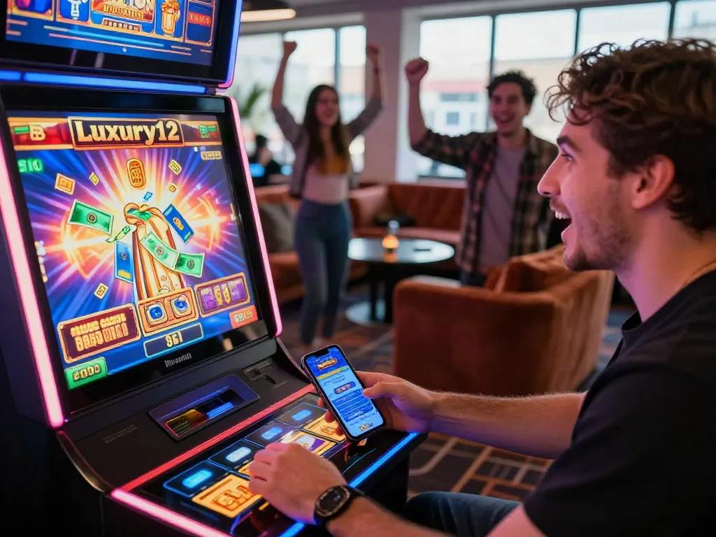 Exciting online slot gaming scene featuring luxury12 player winning cash instantly.