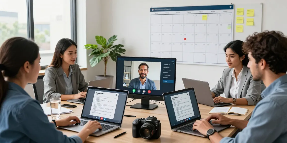 Hire employees in Latin America with a professional team collaborating remotely in a modern office