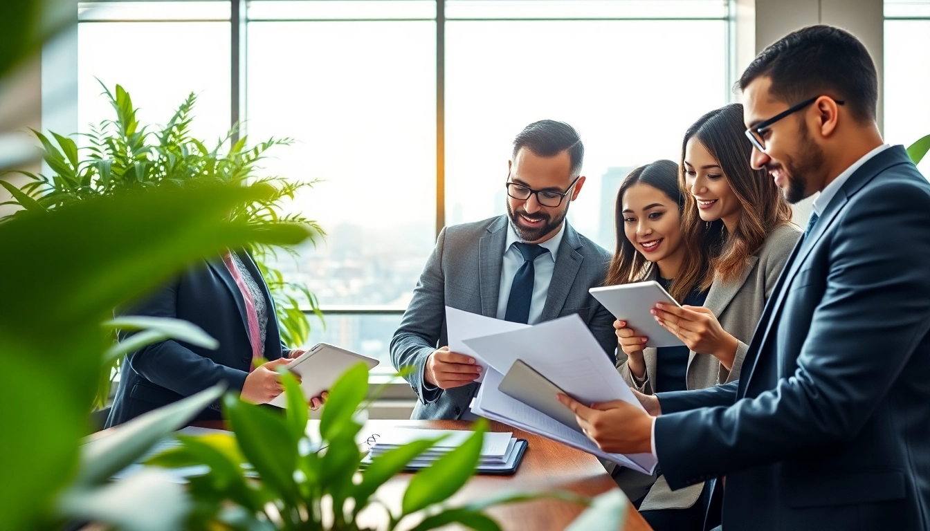 Environmental law firm attorneys collaborating on ecological legal strategies in a bright office.