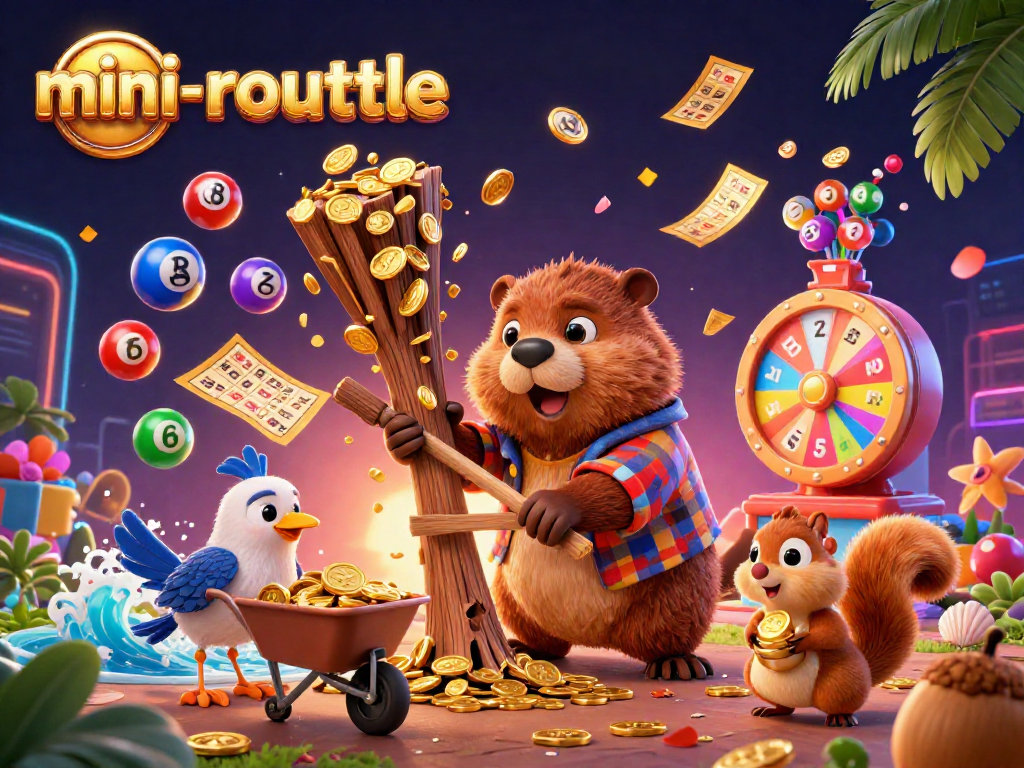 Experience the excitement of mini-roulette with playful characters and vibrant gaming elements celebrating a jackpot.