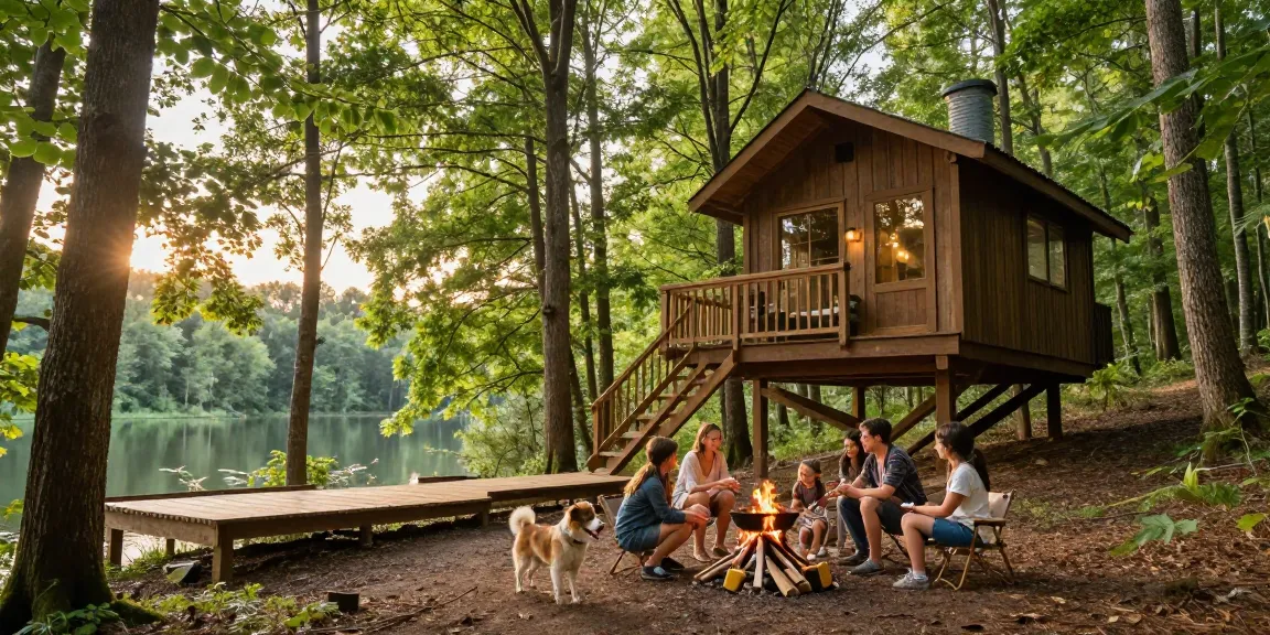 Family enjoying treehouses experience around a campfire in a serene forest setting.