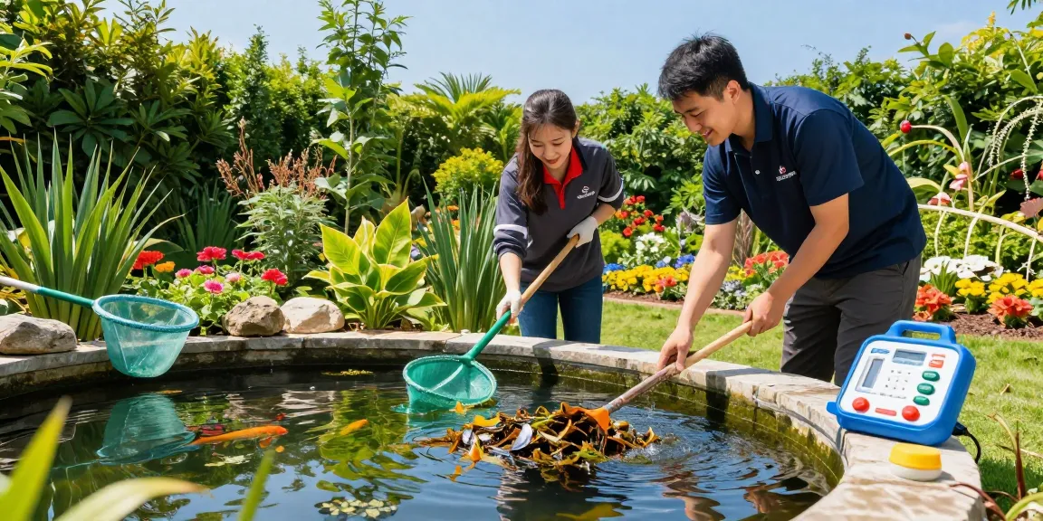 Pond Clean Sussex using expert equipment for effective pond cleaning in a lush garden setting.