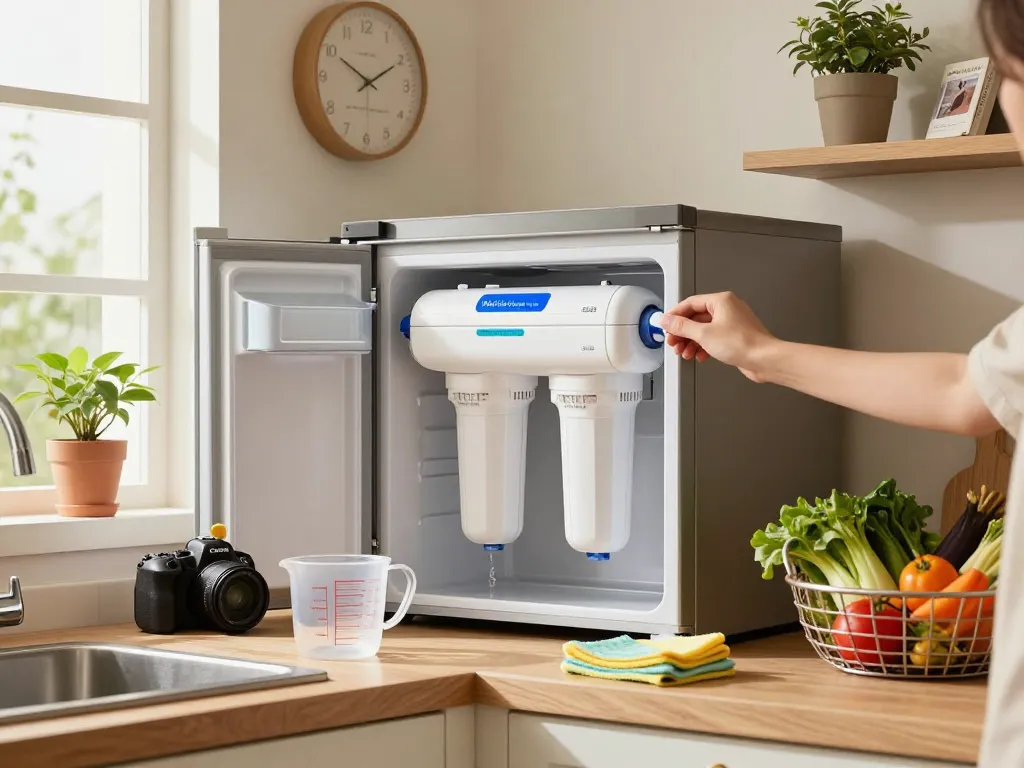 Installing Maxblue MB-F38 Replacement for W10295370A water filter in a modern kitchen.