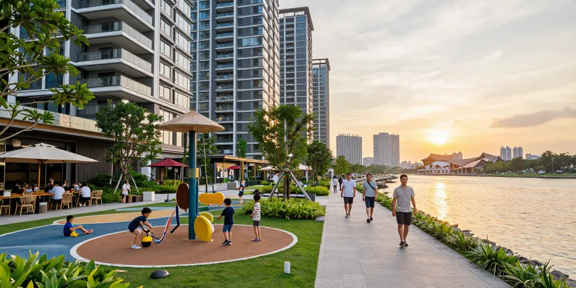 Tanjong Rhu Residences featuring modern high-rise living with families enjoying community amenities.