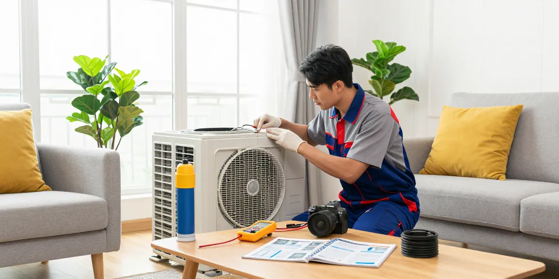 Serving professional AC repair service, technician fixes air conditioning unit in a modern living room.