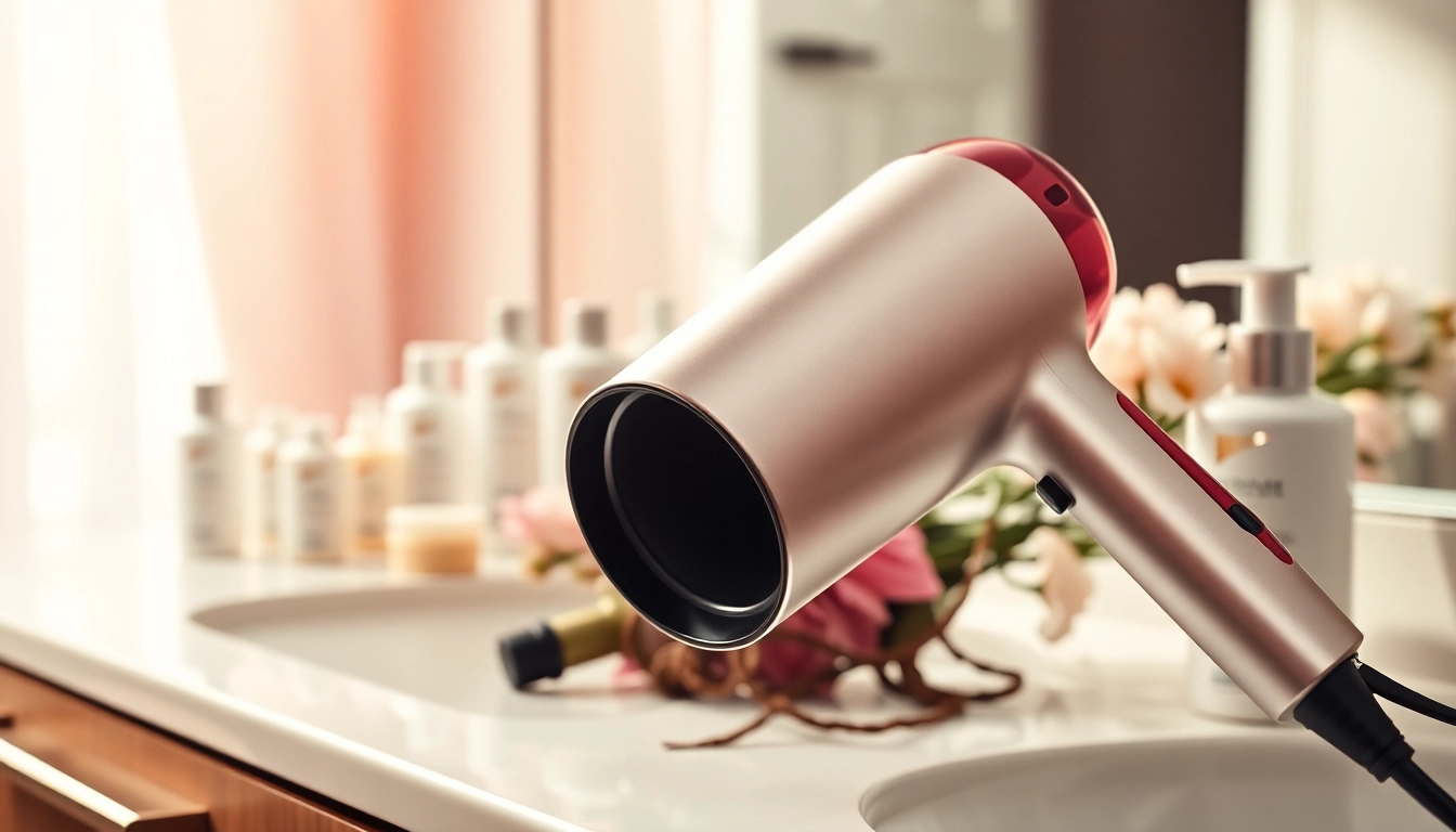 Enhance your styling routine with a sleek hair dryer for frizzy hair, set amidst elegant accessories.
