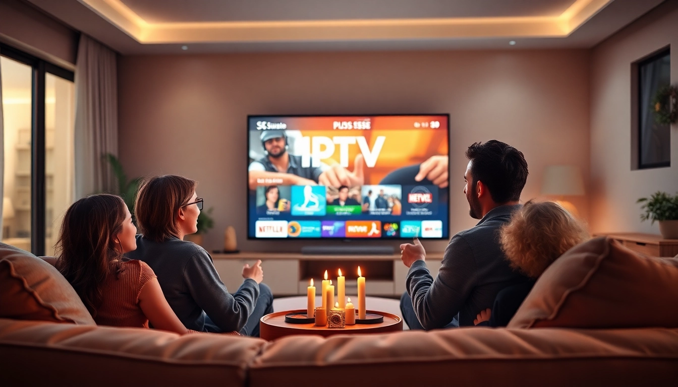 Family watching IPTV Suisse on a flat-screen TV in a cozy living room, sharing smiles and enjoyment.