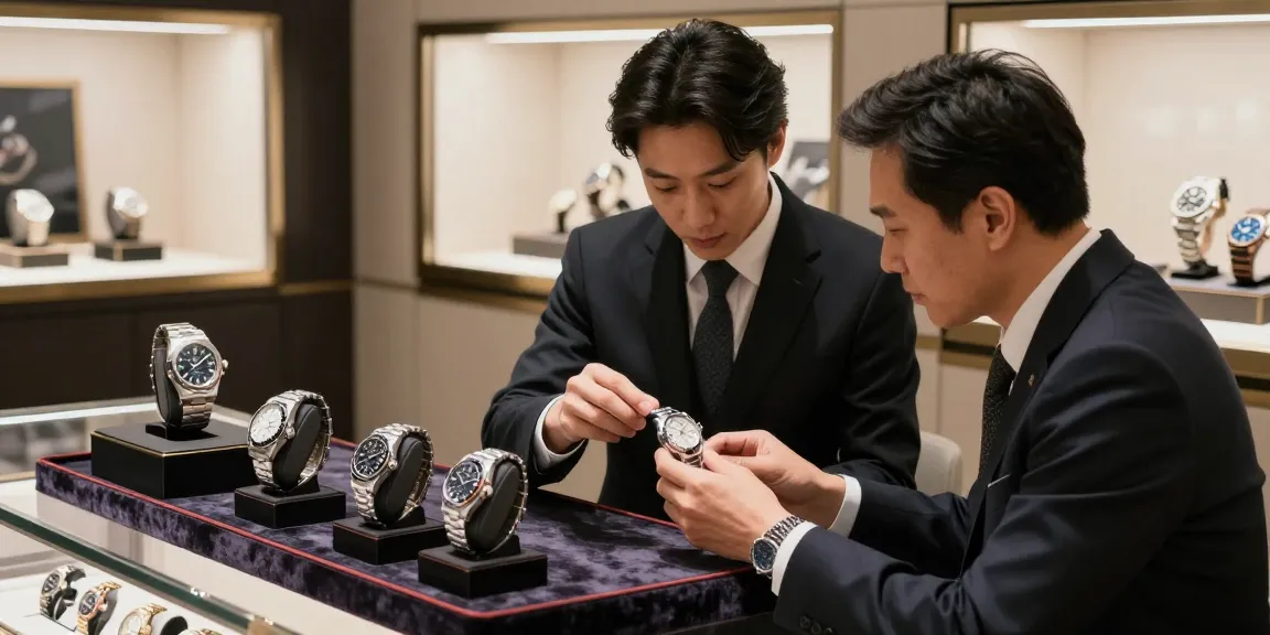 Elegantly displayed replica watch collection in a luxurious showroom, highlighting sophisticated timepieces.