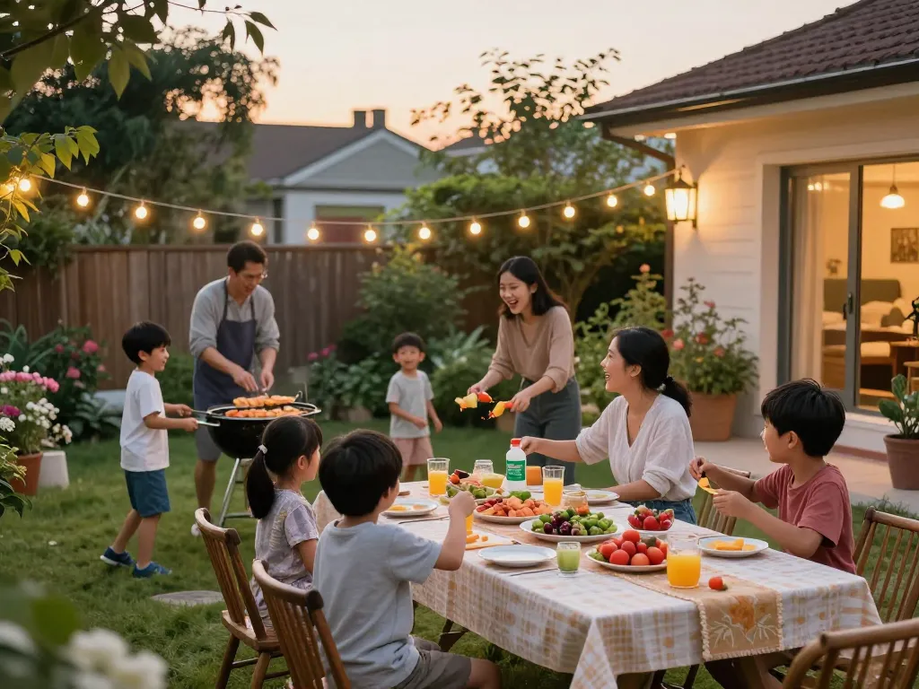 Family enjoying a backyard BBQ with mosquito repellent products visible.