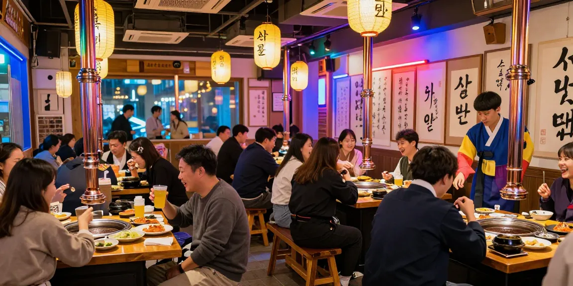 Experience vibrant dining at 상봉동 한국관나이트 with friends in lively atmosphere.