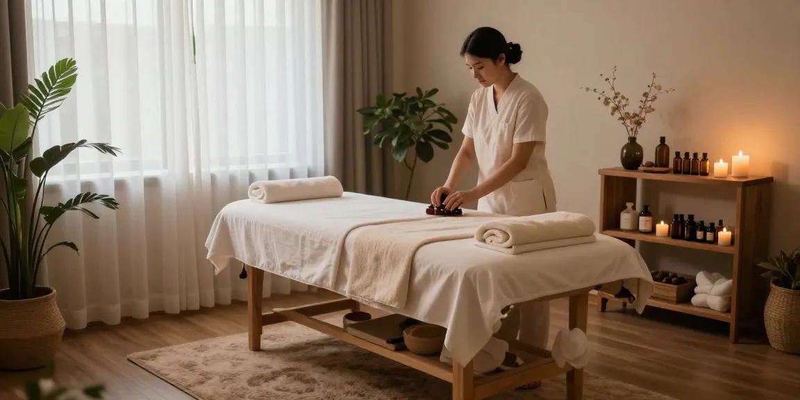 Relaxation in a massage room showcasing https://www.makangs.com/region/국내/서울-/마사지-스웨디시 setup with serene atmosphere and essential oils.