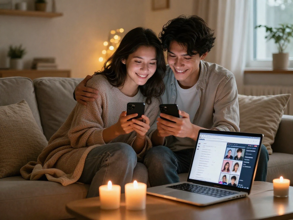 Couple using sexting AI on smartphones in a cozy home setting with playful ambiance.