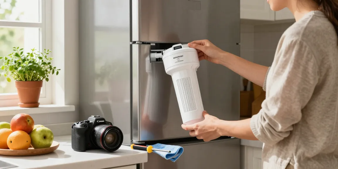 Person installing the Waterspecialist ADQ73613401 Refrigerator Water Filter in a modern kitchen, surrounded by tools and fresh herbs.