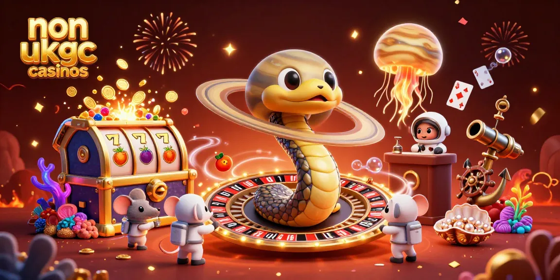 Engaging scene of non UKGC casinos with cartoon characters betting on a cosmic roulette wheel.